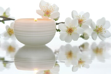 Blossoms and candle, tranquil scene, still life, for relaxation, spa, or meditation