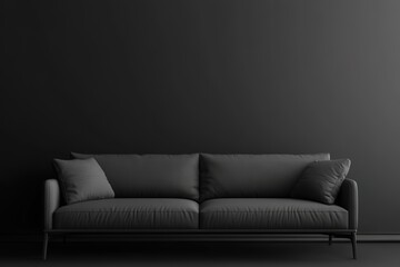 Stylish dark living room interior with gray sofa mock up, modern interior background, empty black wall mockup, 3d illustration