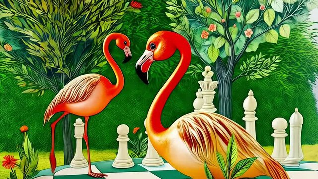 Mysterious flamingos on a chessboard in Wonderland from Carroll's fairy tale