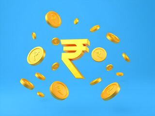 3d rendering of falling gold indian rupee coins on blue background