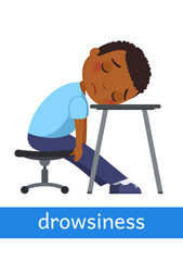 Drowsiness - concept of emotion. Little boy sits on a chair and puts his head on the table and sleep. Learning English language. Children psychology. Cartoon character illustration