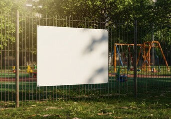 White Advertising Banner Hanging on Chain-Link Fence – Outdoor Mockup for Branding