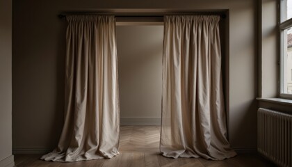 Moody Interior Design a moody atmosphere featuring soft, flowing curtains against a muted background, with light from the outside creating a warm, inviting ambiance.