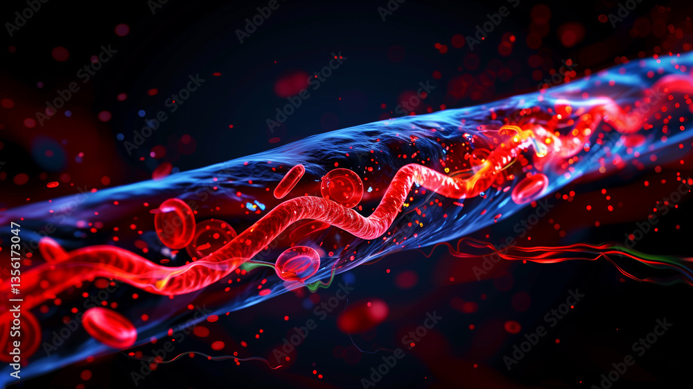 Poster this visual representation of blood cells and genetic structures illustrating youth enhancement.