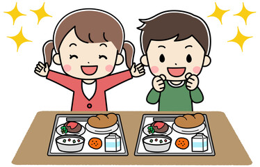給食を食べる元気な元気な子供たちのイラスト