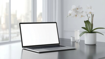 Modern workspace features a minimalistic laptop and elegant decor with an orchid plant, perfect for productivity.
