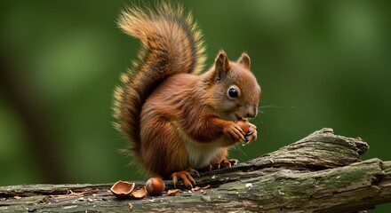 Fototapeta premium Adorable Red Squirrel Enjoying Nut Soft Light. AI Generated