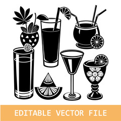 vector cocktail. Glass collection. drinks silhouette. Drink Fruit Juice icons