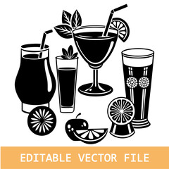 vector cocktail. Glass collection. drinks silhouette. Drink Fruit Juice icons
