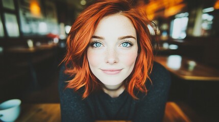 Redhead Woman Smiles with Cafe Portrait, and Warm Lighting.