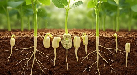 Vibrant green seedlings sprout upward revealing root growth. AI Generated