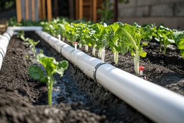 Drip irrigation system watering young plants