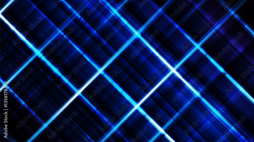 Poster layered geometric patterns create a dynamic abstract background in shades of blue.