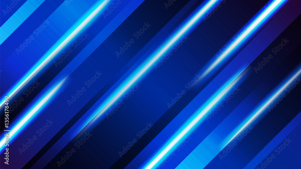 Poster layered geometric patterns create a dynamic abstract background in shades of blue.
