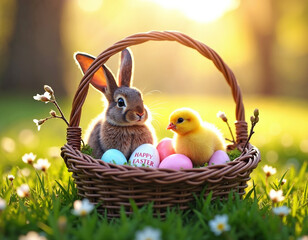 AI generation of two small cute hare and chick  in the basket with decorated eggs among spring flowers