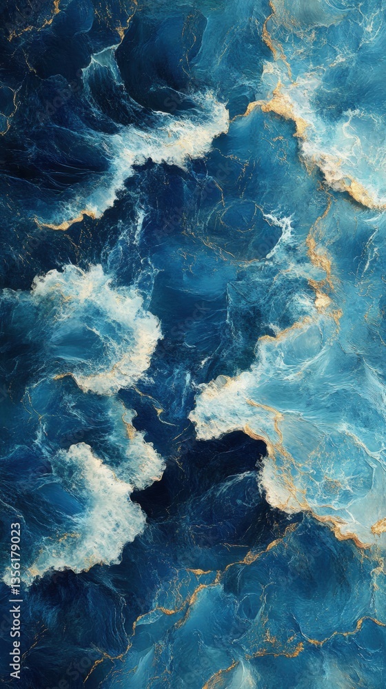 Poster abstract ocean waves with turquoise depths and golden accents in a dynamic flow of water creating a 