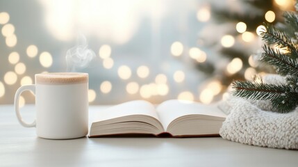 A cozy winter evening scene with a book, warm blanket, and a steaming cup of hot chocolate