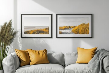 Picture frame mockup psd hanging in modern living room home decor interior