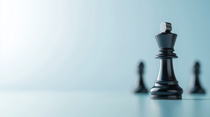 close up of black chess king piece stands prominently against soft blue background, symbolizing strategy and competition in game of chess