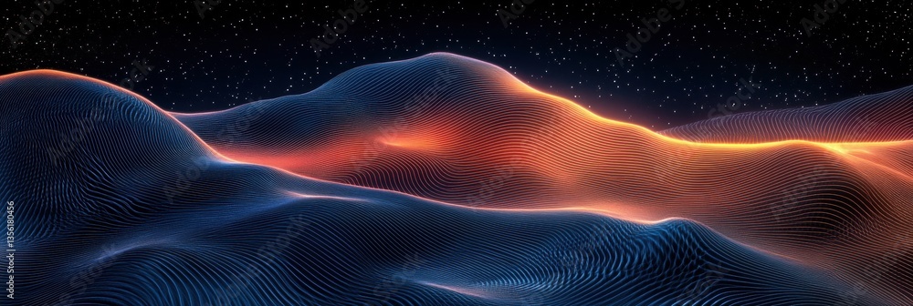 Poster abstract landscape with flowing lines and glowing colors, featuring a starry sky, creating a surreal