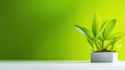 Fresh green plant in white pot against vibrant green background, symbolizing growth and nature beauty