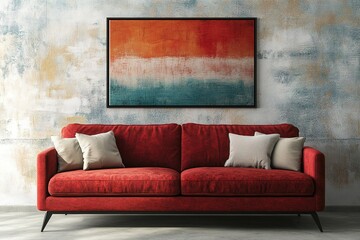 sofa and art poster on stucco wall. Interior design of modern loft living room