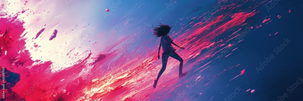Poster ethereal journey through abstract waves of color with a figure in motion capturing a moment of freed