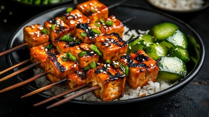 tofu satay on skewers with spicy peanut dip