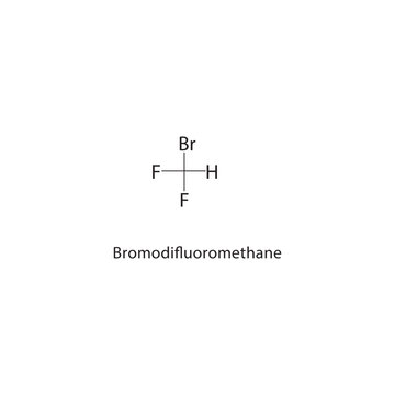 Bromodifluoromethane skeletal structure. Brominated Halomethane compound schematic illustration. Simple diagram, chemical formula.