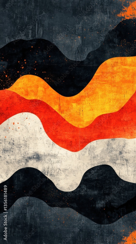 Poster abstract wavy pattern featuring warm tones of orange, red, black, and white with a textured grunge b