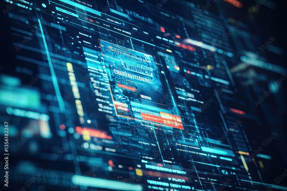 Poster futuristic interface displays intricate data streams and glowing