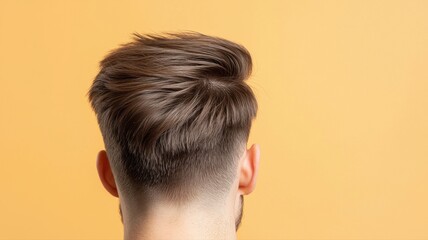 Obraz premium Stylish haircut of a young man against a vibrant yellow background, showcasing modern grooming trends.