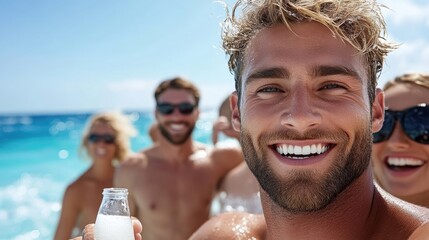 Happy friends enjoying a sunny day at the beach