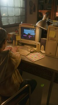 Vertical over shoulder shot of boy inserting floppy disc into computer wgile playing retro videogame with pixel characters on screen