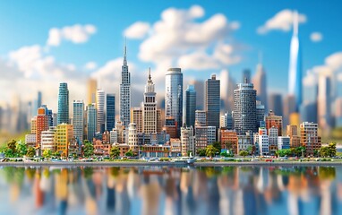 Obraz premium Vibrant NYC Skyline Reflection with Sunny Day.