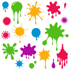 Colorful splashes in droplet style. Hand-drawn shapes of water droplets, liquid spray splashes and ink stains, silhouetted droplet vector set, liquid droplet illustration

