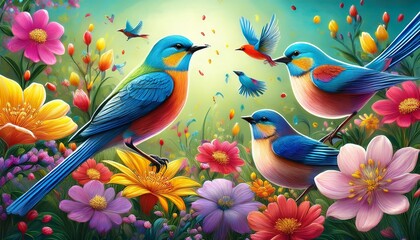 Obraz premium Bright spring-themed digital painting of cheerful birds joyfully feeding on seeds among blooming flowers. Colorful garden setting with fresh greenery, delicate blossoms and a lively seasonal atmospher