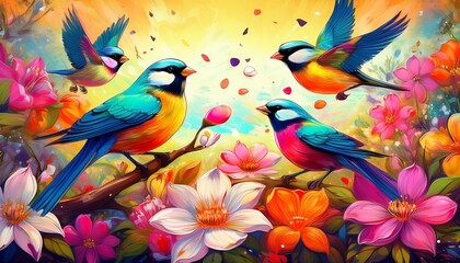 Obraz premium Bright spring-themed digital painting of cheerful birds joyfully feeding on seeds among blooming flowers. Colorful garden setting with fresh greenery, delicate blossoms and a lively seasonal atmospher