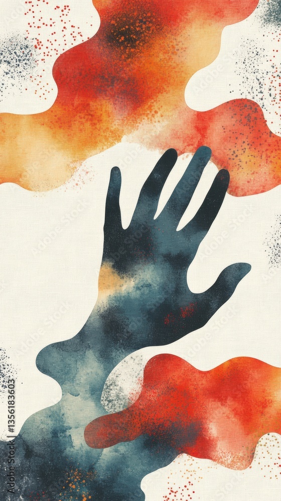 Poster abstract art of a hand silhouette surrounded by colorful blobs in red, orange, and blue tones creati