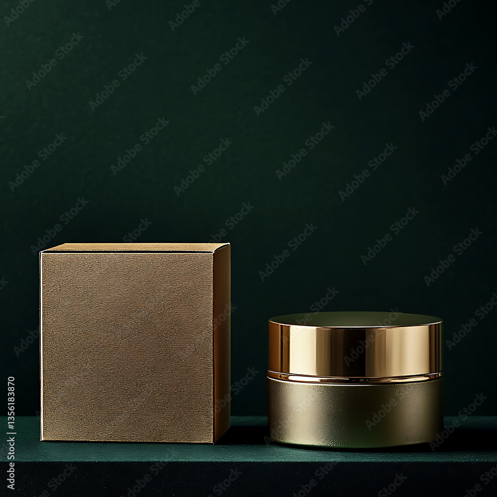 Poster Golden cosmetic jar and box on a dark green surface creating a luxurious and elegant presentation style