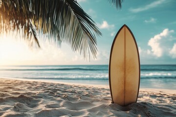 Surfboard stands on sandy beach with palm trees and calm ocean waves under bright blue sky during sunset hours in tropical paradise