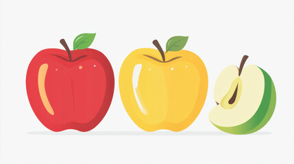 Three colorful apples, including red, yellow, and sliced green one, are illustrated with leaves on white background, showcasing fresh and vibrant look