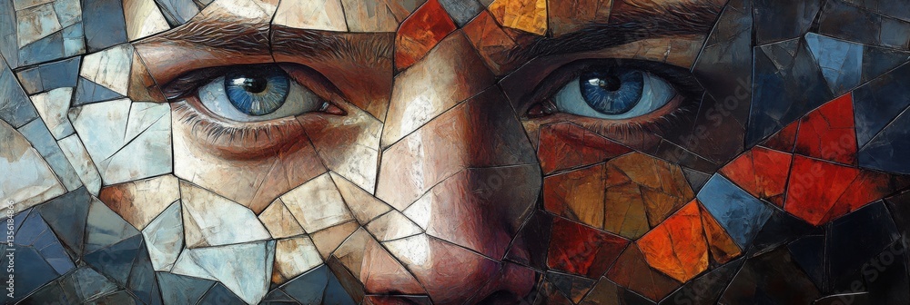 Poster striking close-up of fragmented human face representing emotions and identity through colorful mosai