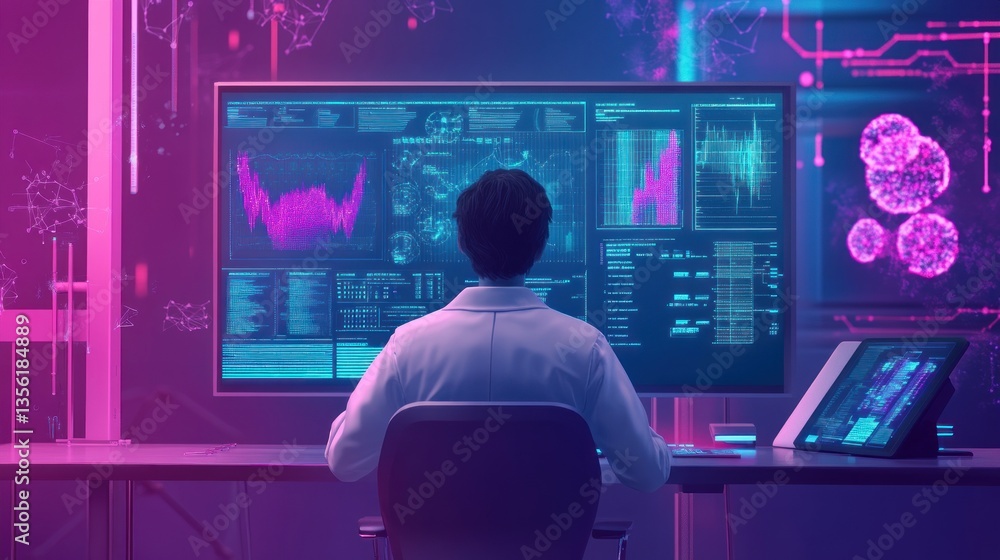 Wall mural scientist monitors data on multiple screens in a futuristic lab