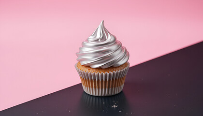 cupcake with Shiny silver Cream topping set against bold contrast