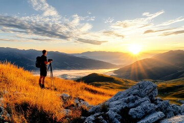 Obraz premium Silhouette of photographer against rising sun, golden light painting majestic mountains, artistic moment unfolds in tranquil wilderness, passion for photography meets nature's perfection.
