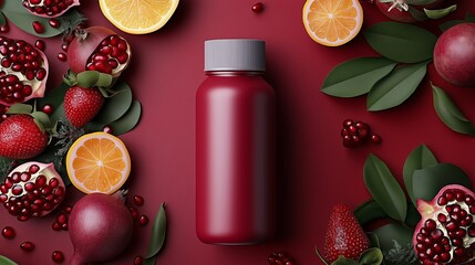 Minimalist flat lay composition with a red juice bottle surrounded by vibrant strawberries, pomegranates, citrus slices, and lush green leaves on a deep red background