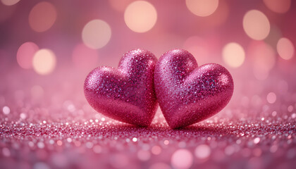 Obraz premium Two pink glitter hearts positioned closely on a glittery surface