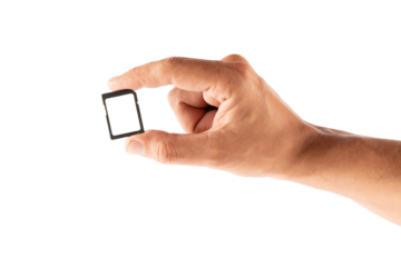 Male hand holding an SD memory card mockup isolated no background