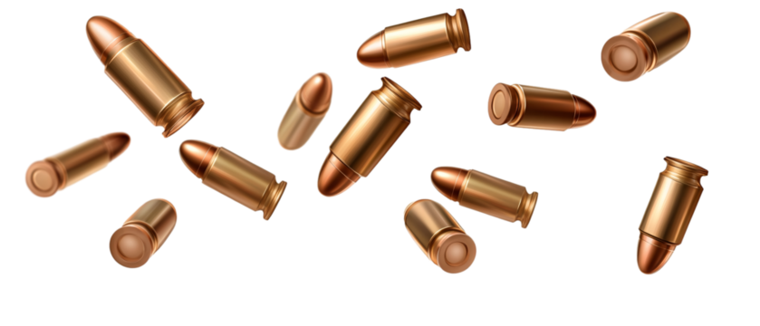 Falling bullets, flying shells isolated on a transparent background